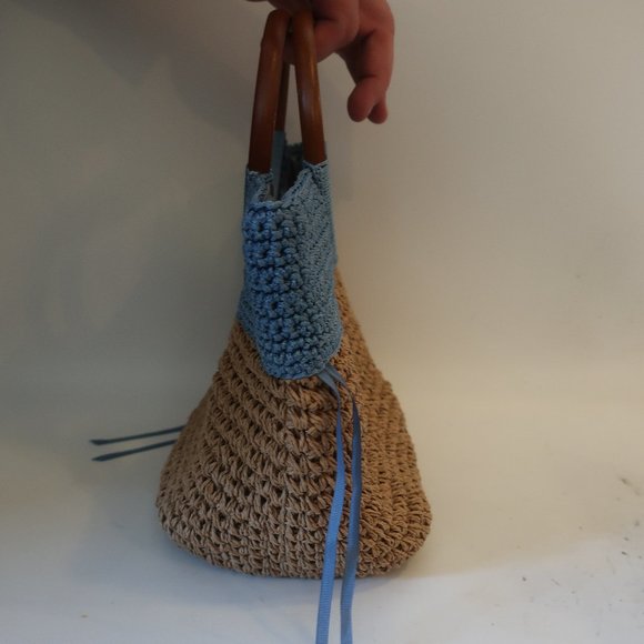 WOMENS UNBILLION BLUE TAN BURLAP WOOD DOUBLE HANDLE HANDBAG * - Picture 3 of 9